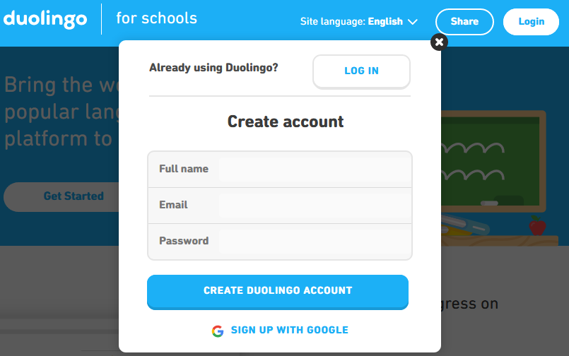 Duolingo for students: Login form