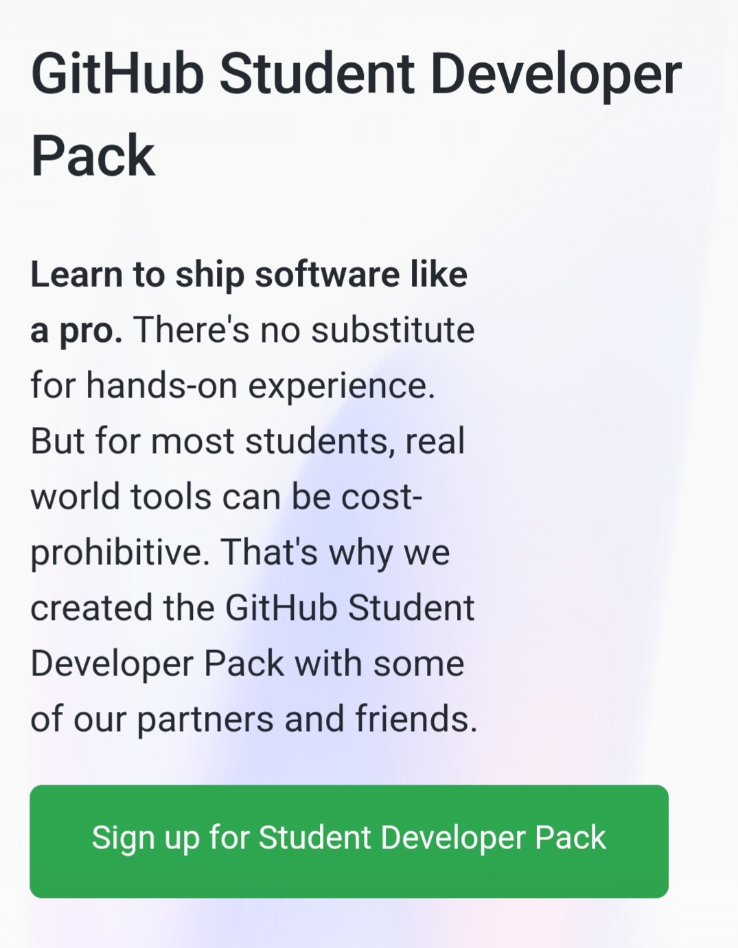 Sign up page for GitHub Student pack